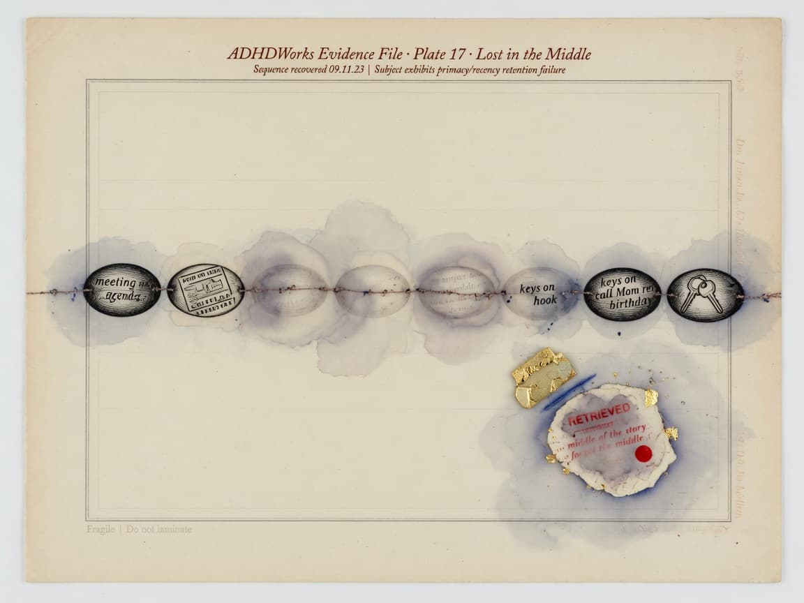 Archive plate: memory beads on a thread with the middle sequence faded and a gold-retrieved fragment set aside