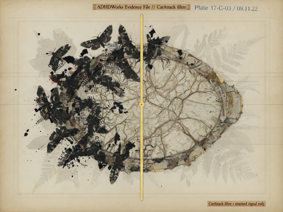Archive plate: ink-blot moth noise blocked by a botanical sieve with a single gold signal line retained