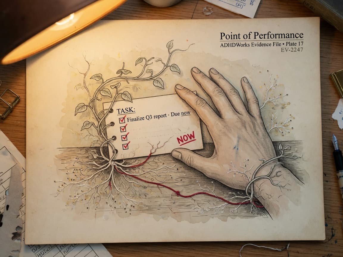 Archive plate: a hand at the work surface with living vine structure growing around the task in the moment