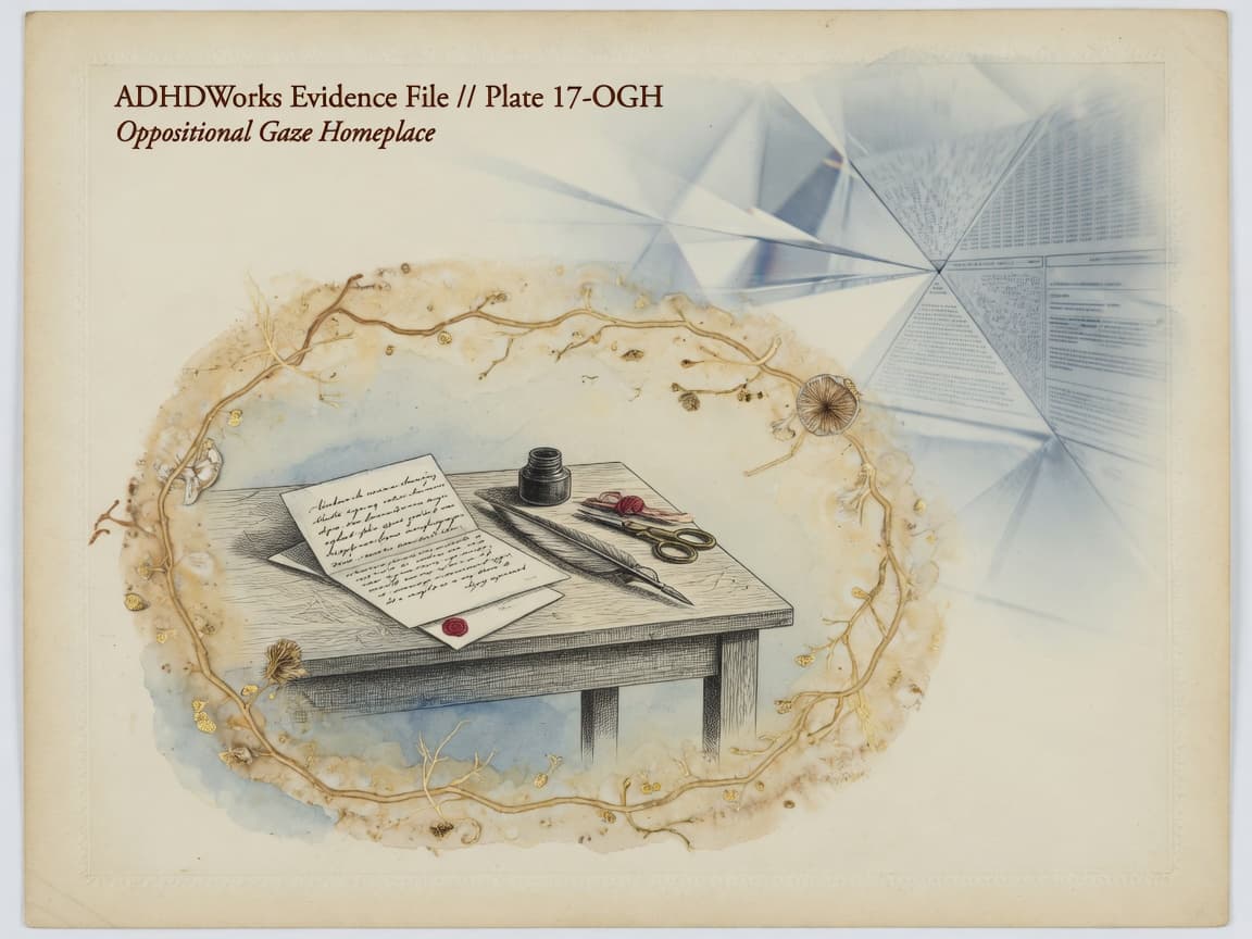 Archive plate: a quiet desk refuge ringed in gold mycelium, algorithmic spectacle fading at the edge