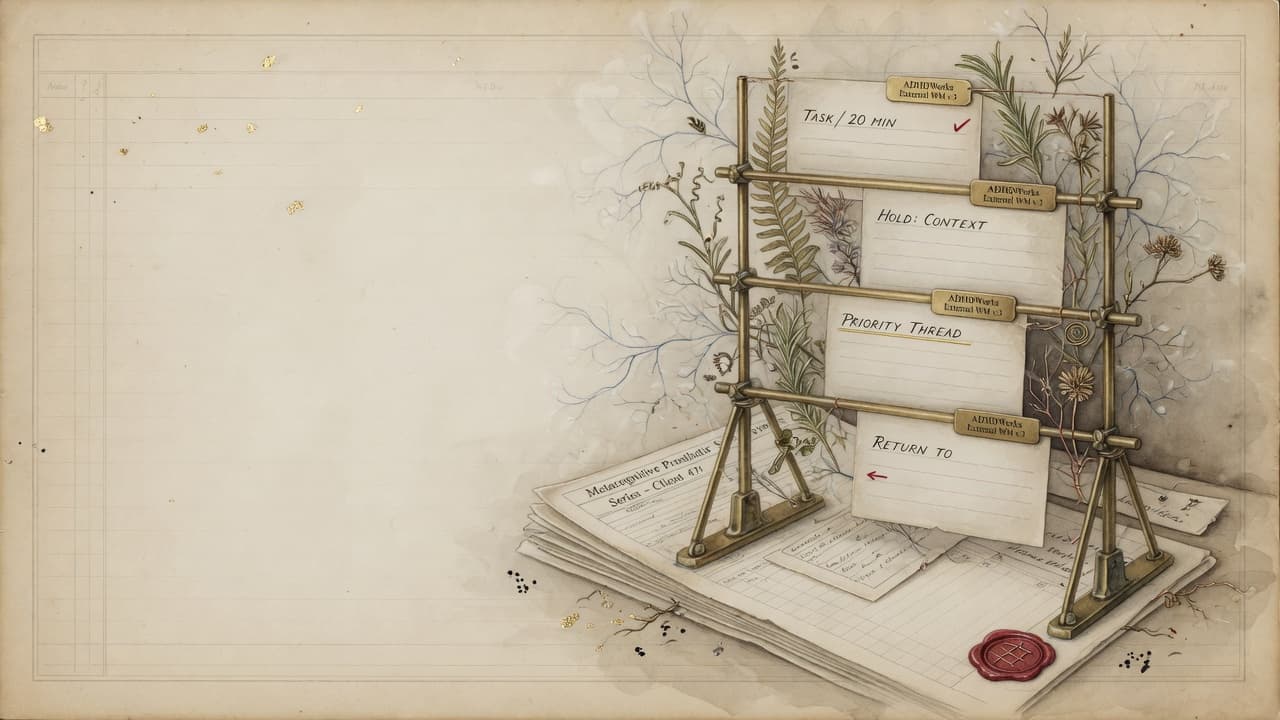 Hero plate: brass-and-botanical attention frame holding ordered constraint cards on a dossier desk